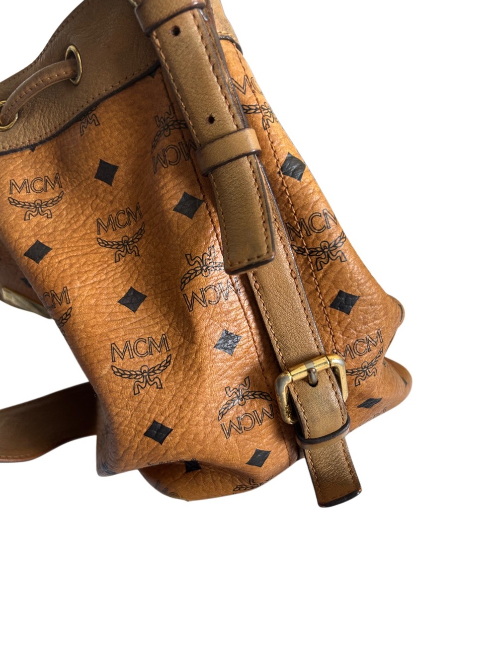 MCM Vintage Cognac Visetos Monogram Drawstring Bucket Bag - Picture 7 of 9